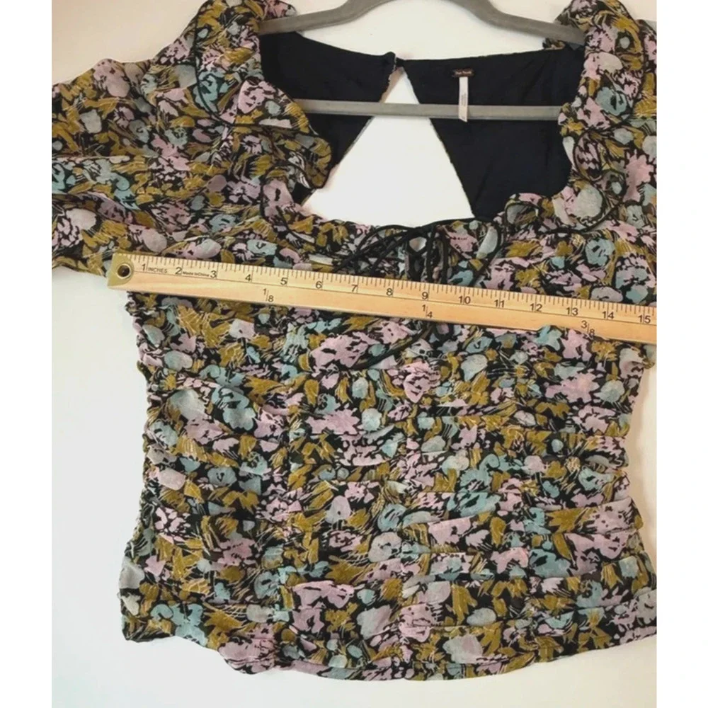 Free People Mabel Lace-Up Top XS Blouse Smocked Floral Bohemian Long Puff Sleeve